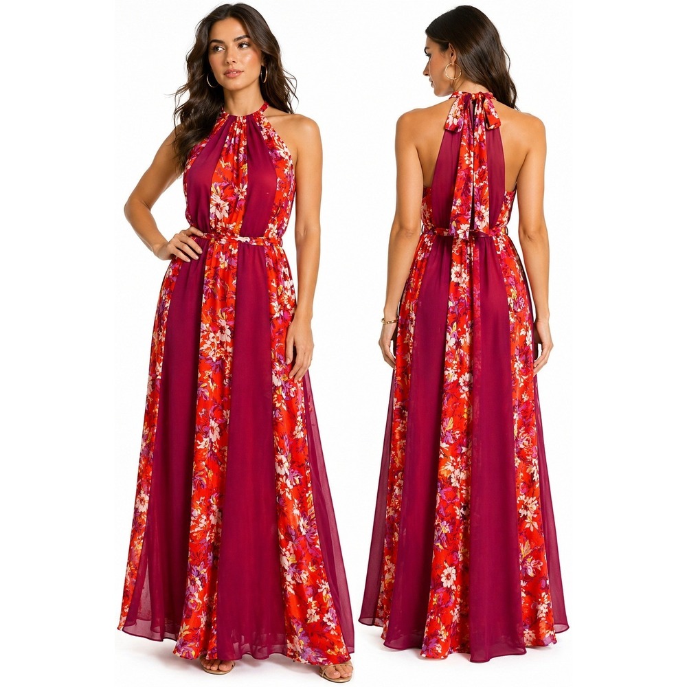New ModCloth Womens Maxi Dress Small Plum Red Floral Halter Chiffon Colorblock